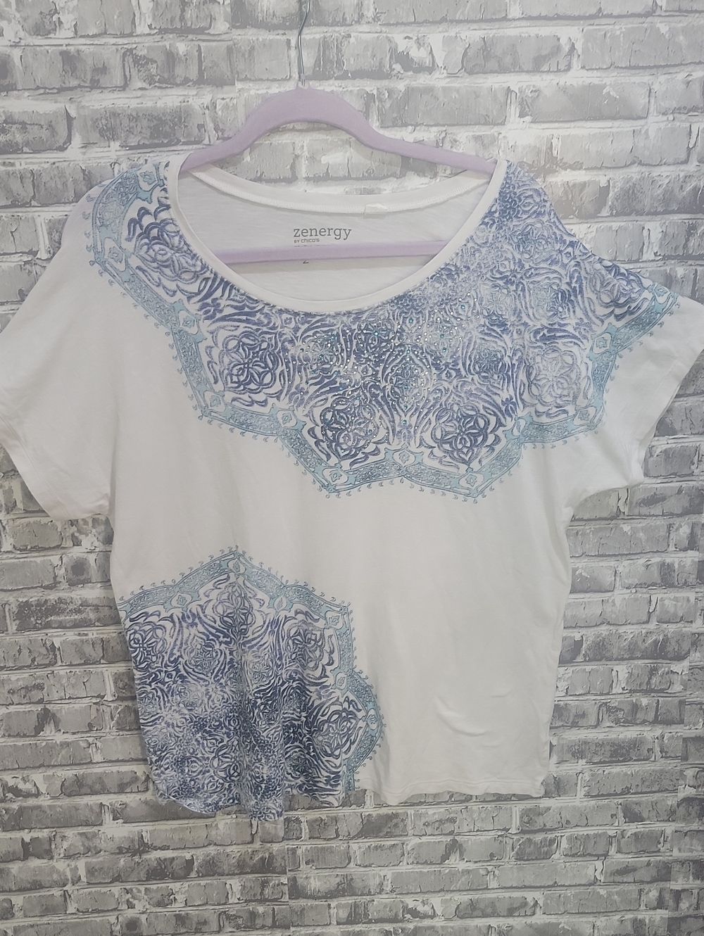 Zenergy By Chico's White Short-Sleeve Tee, Bejewelled Blue Floral Print Sz 2